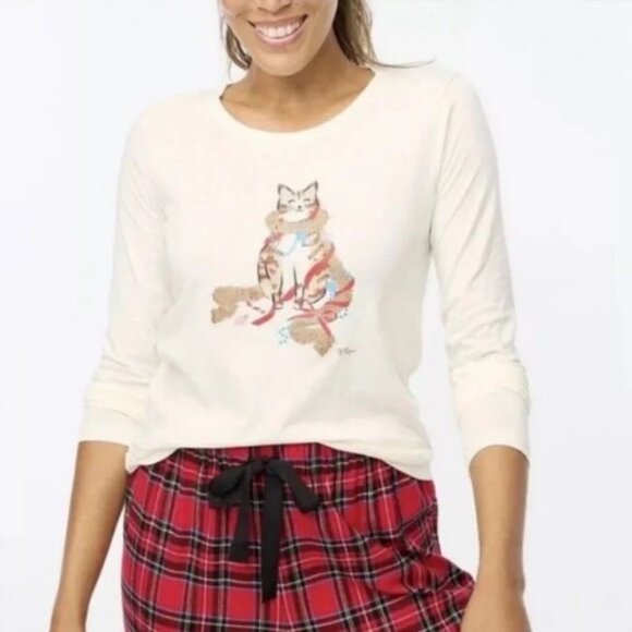 J. Crew Holiday Cat Pajama Lounge Top Size S Cream Long Sleeve PJ Collector Tee - Picture 1 of 8